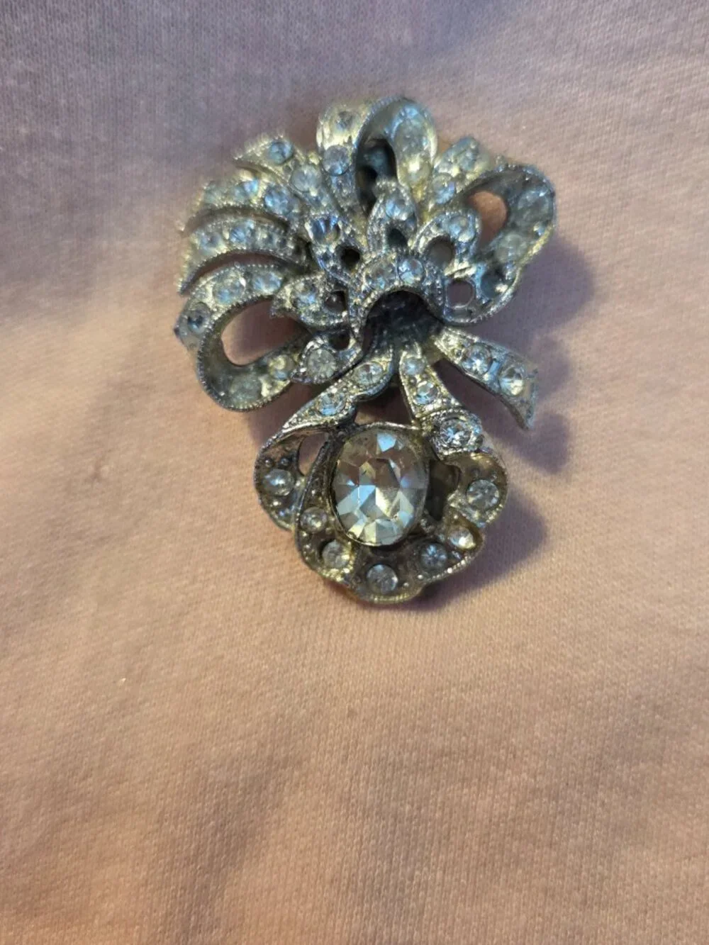 Vintage Silver-Tone Crystal Bow and Droplet Brooch | Retro Rhinestone Scarf Clip